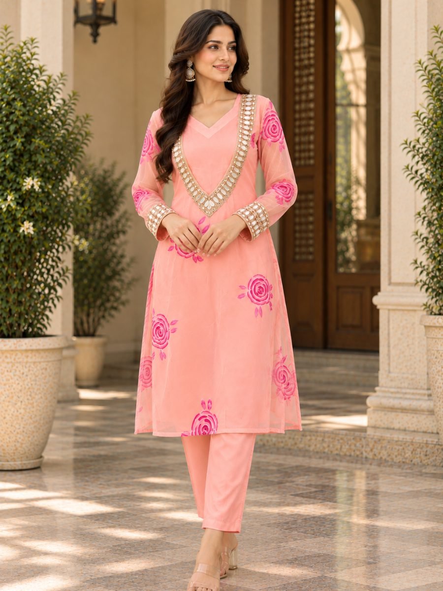Peach Pink Floral Mirror Work Kurta Pant Set