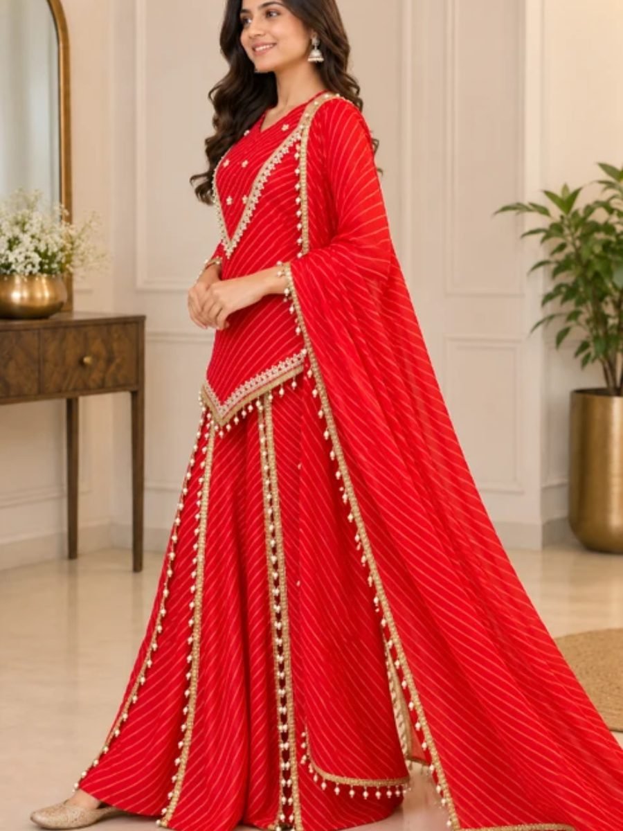 Ruhani Red Leheriya Palazzo Set with Dupatta