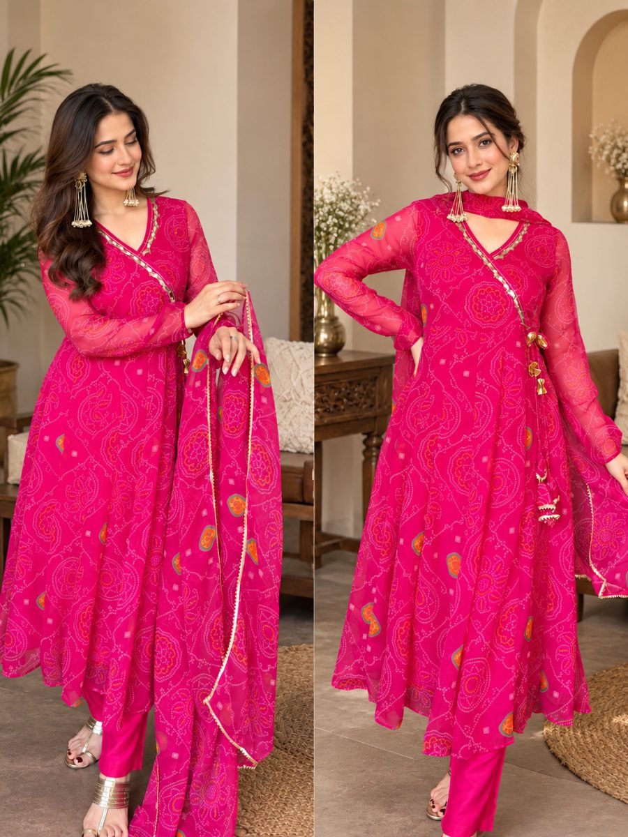 Bandhej Chiffon Angrakha Suit Set
