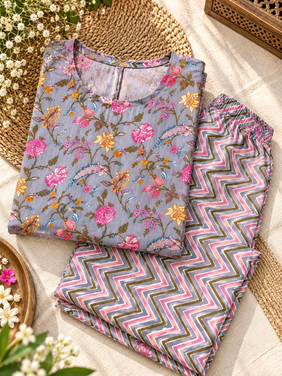 Gulisha Grey Floral Printed Kurta & Chevron Pant Set