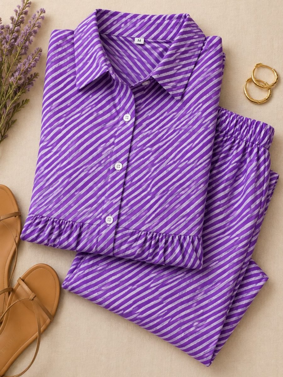 Pure Cotton Lehriya Co-Ord Set for Women - Purple