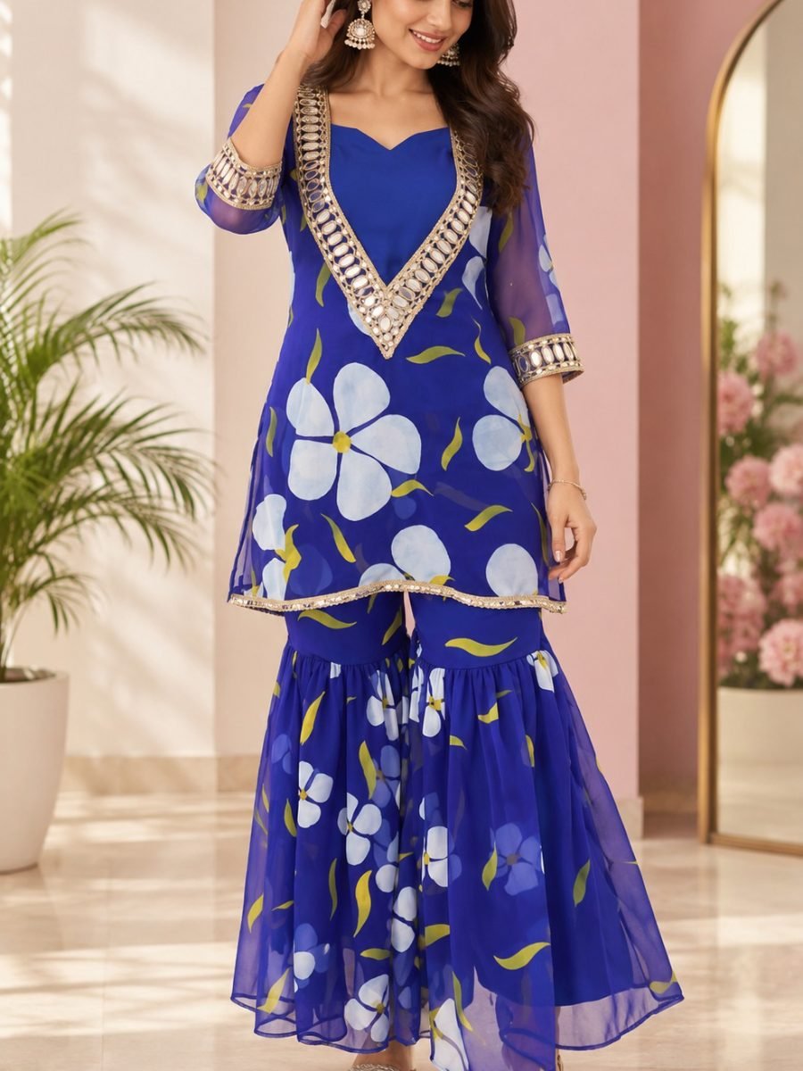 Royal Blue Floral Chiffon Kurta with Sharara Set