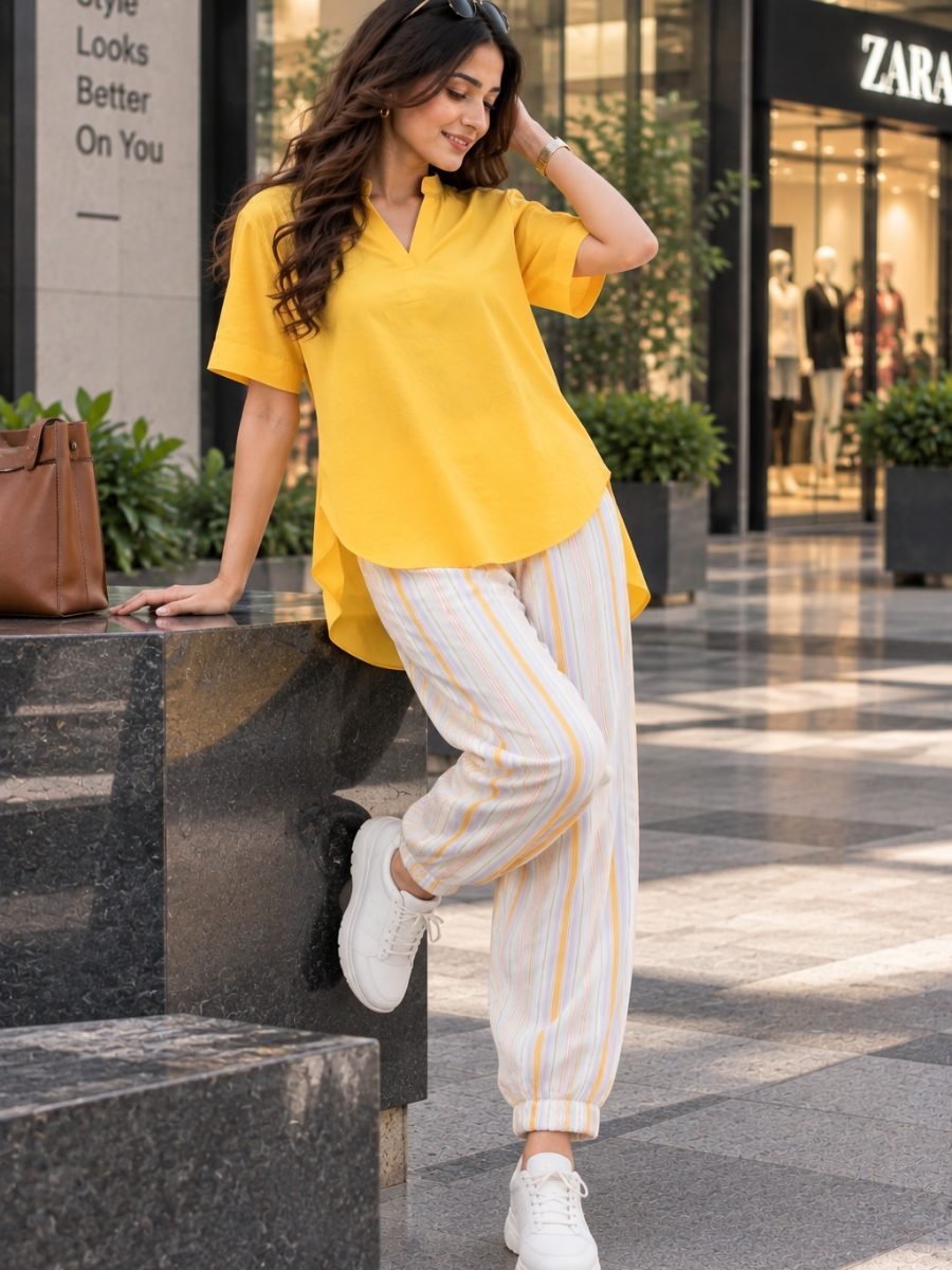 High-Low Cotton Kurta & Striped Pant Co-ord Set