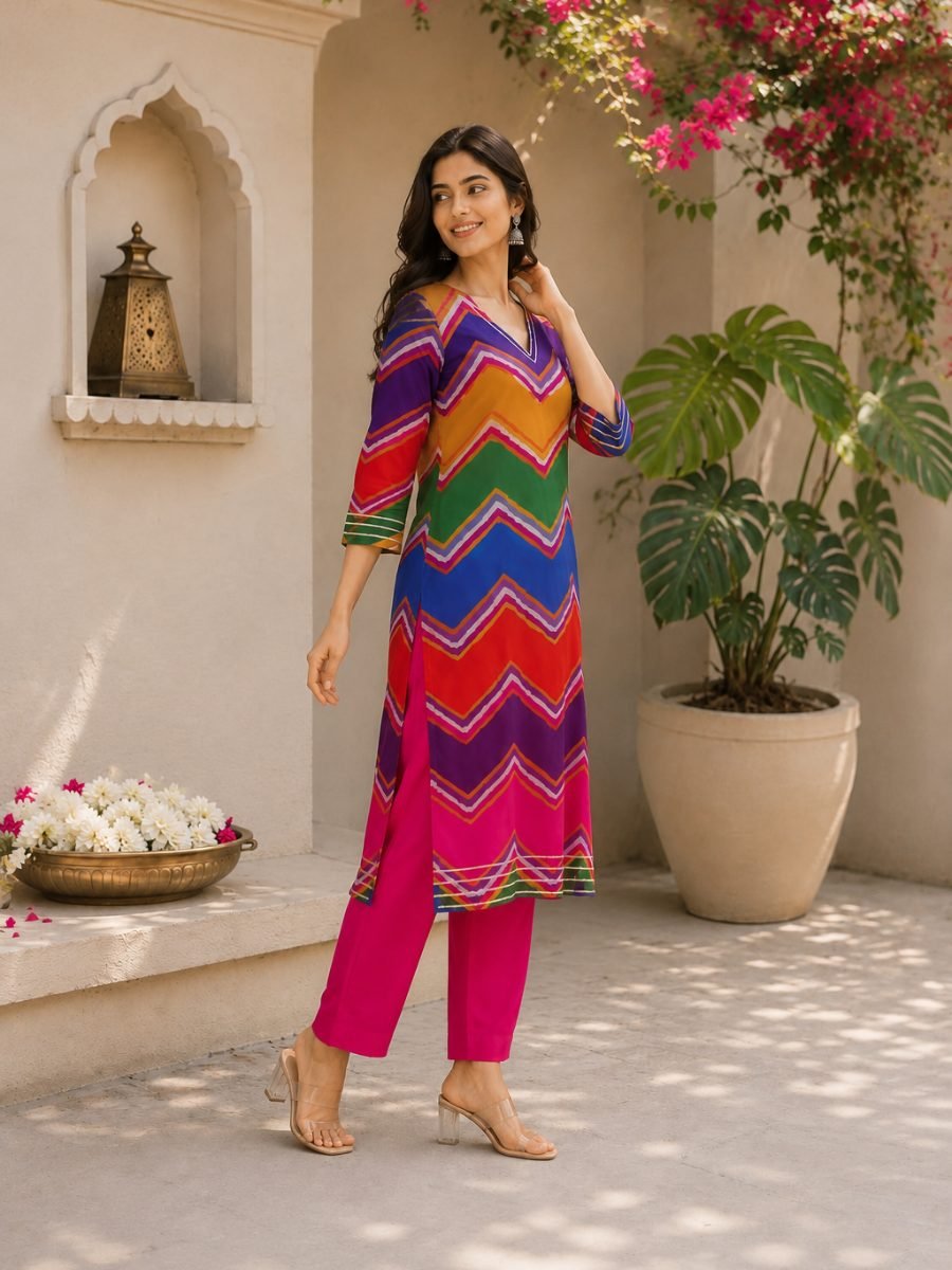 Multicolor Lehriya Printed Straight Kurta with Pant