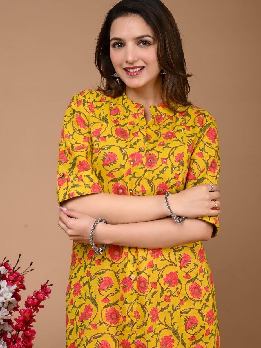 Yellow Flower Kurta Pant Set