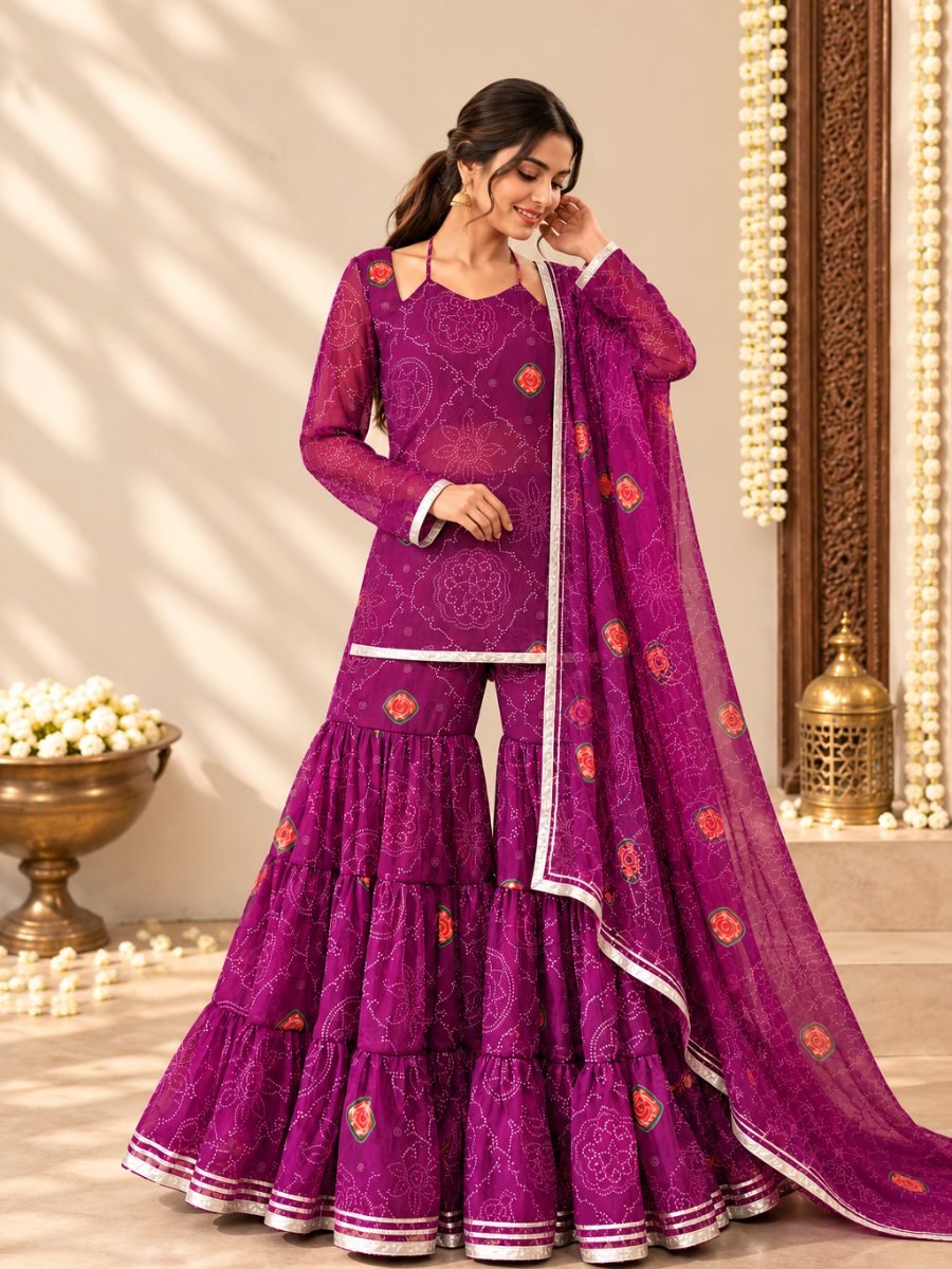 Noorvi Purple Bandhani Sharara Set with Dupatta